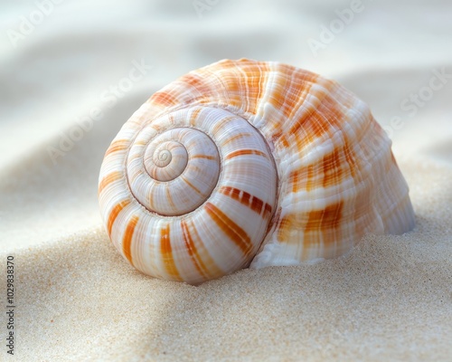 A close-up of a seashell with intricate patterns on a sandy beach.