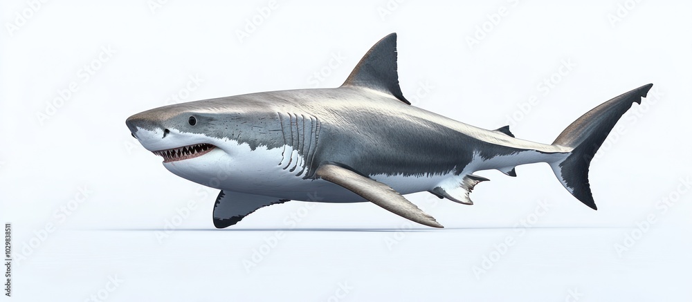 Fototapeta premium A great white shark, also known as a white pointer, swims gracefully through the water with its mouth slightly open, showing its sharp teeth.