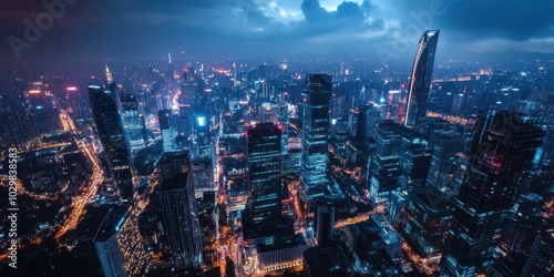 Wallpaper Mural Nighttime cityscape, skyscrapers, illuminated, dark sky. Torontodigital.ca
