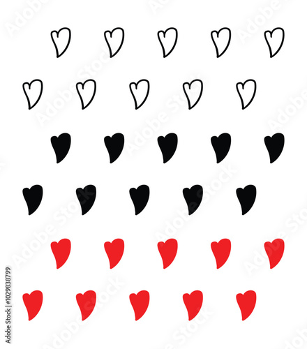 Set of seamless hand drawn line art, silhouette and red heart doddles pattern vector illustration isolated on white background