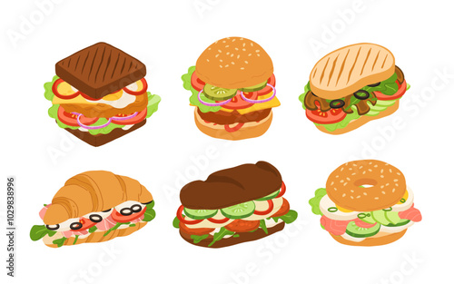 Sandwiches with Various Ingredients. Vector cartoon illustration of sandwich, bagel, burger with meat, fish, avocado, egg, cheese and vegetables.