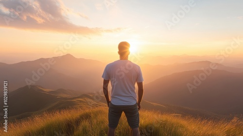 A man stands on a hilltop, looking out at the horizon. The sun is setting, casting a warm glow over the landscape. The man is lost in thought