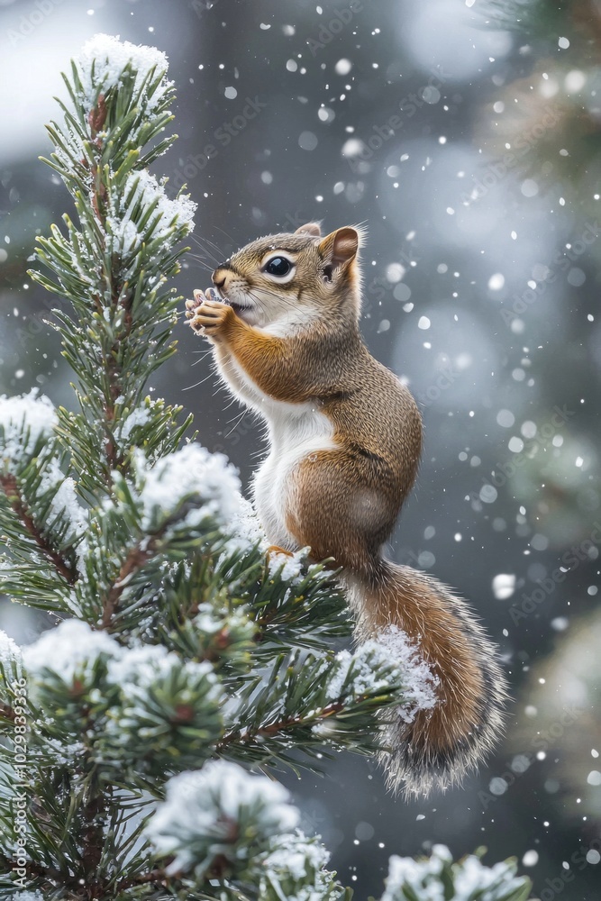 A cute squirrel perches on a snow-dusted pine branch, amidst the softly falling snowflakes, creating a magical, dreamy winter scene full of charm and innocence. A cute squirrel perches on a snow-dusted pine branch, amidst the softly falling snowflakes, creating a magical, dreamy winter scene full of charm and innocence.