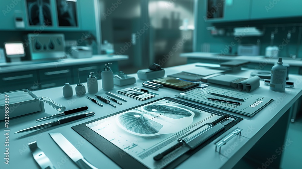 Doctor carefully examines X-ray film of patient's lungs, identifying COVID-19 complications, with medical instruments and charts in the background. Doctor carefully examines X-ray film of patient's lungs, identifying COVID-19 complications, with medical instruments and charts in the background.