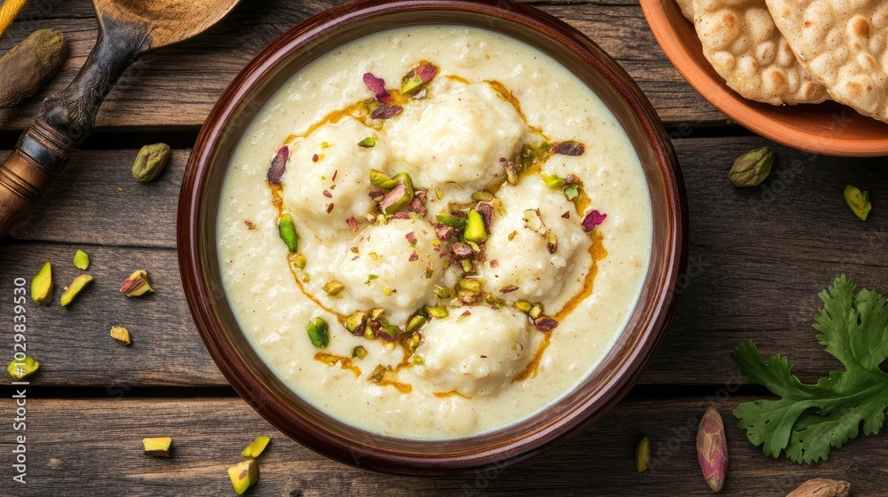 Creamy dessert with pistachios and garnished finish Creamy dessert with pistachios and garnished finish