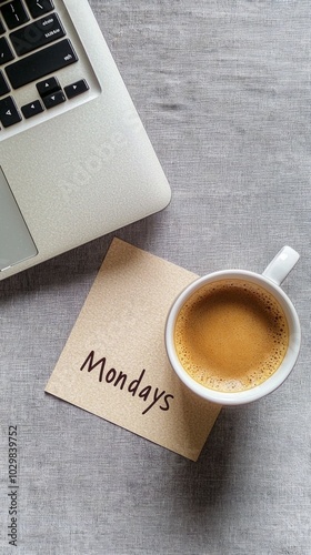 A rich, inviting cup of coffee sits on a card with 'Mondays' written on it, close to a laptop, symbolizing work, creativity, and the start of a new week full of potential. photo