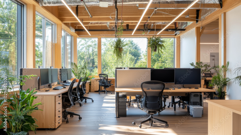 A modern office space featuring large windows, wooden beams, and greenery. layout includes multiple workstations with ergonomic chairs and computer monitors, creating bright and inviting atmosphere