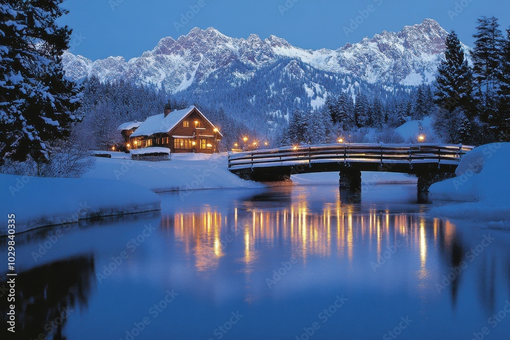 Fototapeta premium alpine lake with house and snow
