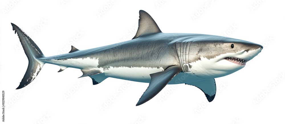 Obraz premium A large white shark, also known as a great white shark, swims with its mouth slightly open, showing sharp teeth, and has a grey and white body with fins.