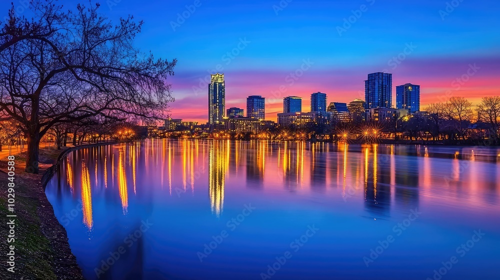 Fototapeta premium Serene City Skyline Reflected in Calm River Waters