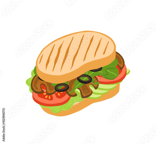 Sandwiches with Various Ingredients. Vector cartoon illustration of vegan mushroom sandwich, bagel, burger with meat, fish, avocado, egg, cheese and vegetables.