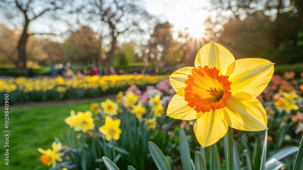 Fototapeta premium Vibrant Yellow Daffodil in Bloom at Sunset
