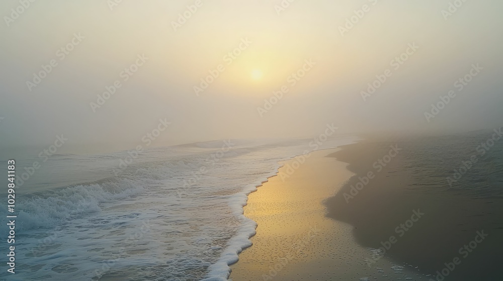 Serene Foggy Beach at Dawn with Gentle Waves Serene Foggy Beach at Dawn with Gentle Waves