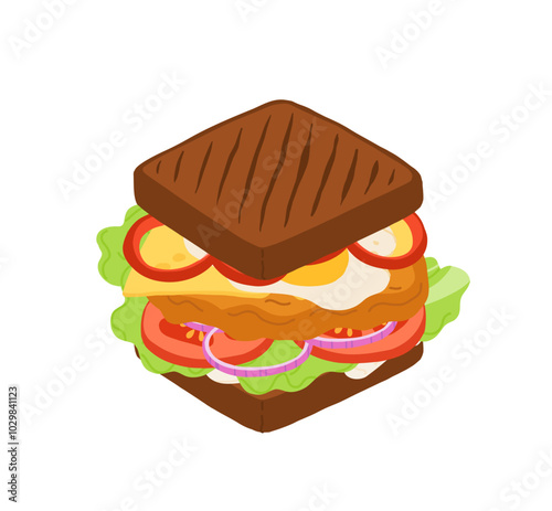 Sandwiches with Various Ingredients. Vector cartoon illustration of chicken sandwich, bagel, burger with meat, fish, avocado, egg, cheese and vegetables.