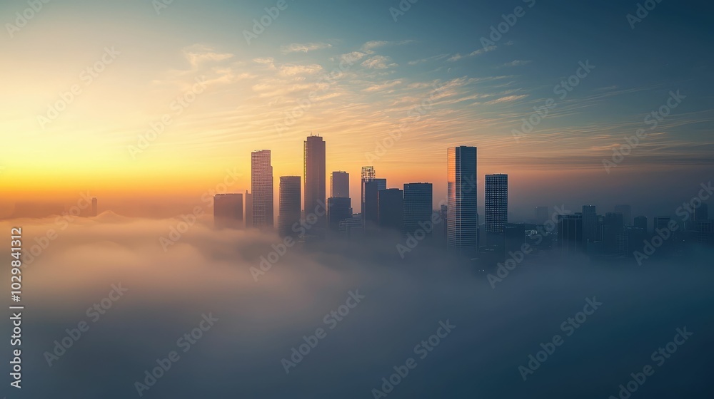 Fototapeta premium Serene Foggy Skyline Over City at Dawn