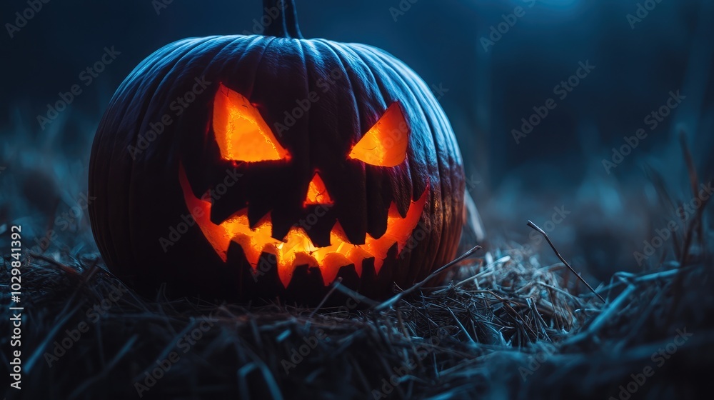 Fototapeta premium Spooky Jack-o'-Lantern Glowing in the Dark