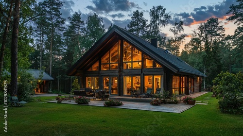 Serene House View at Dusk with Warm Light