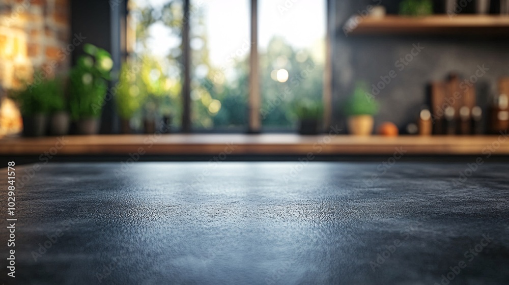 A modern kitchen scene with a focus on textured countertops and natural light from large windows, framed by greenery and warm wooden elements. A modern kitchen scene with a focus on textured countertops and natural light from large windows, framed by greenery and warm wooden elements.