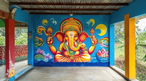 Serene Ganesha Mural on Vibrant Wall photo