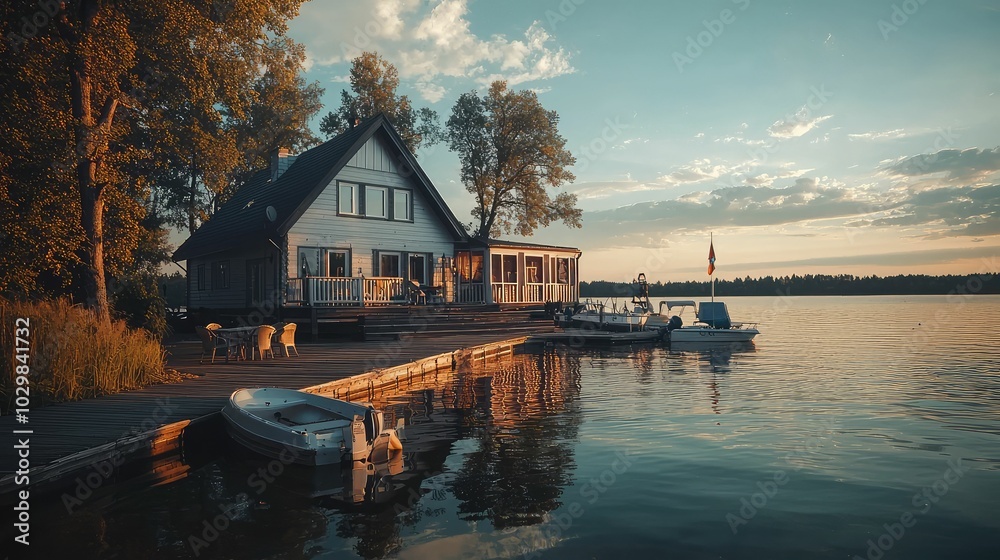 Fototapeta premium Serene Lakefront House with Dock at Sunset