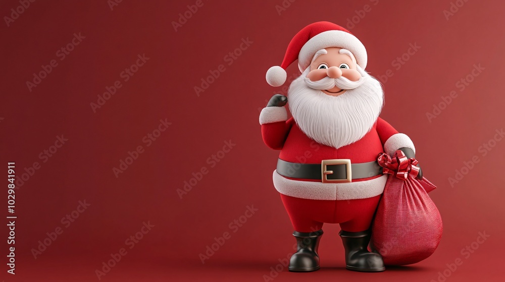 Obraz premium A cheerful Santa Claus stands with a sack of gifts against a red background, exuding holiday spirit and joy.