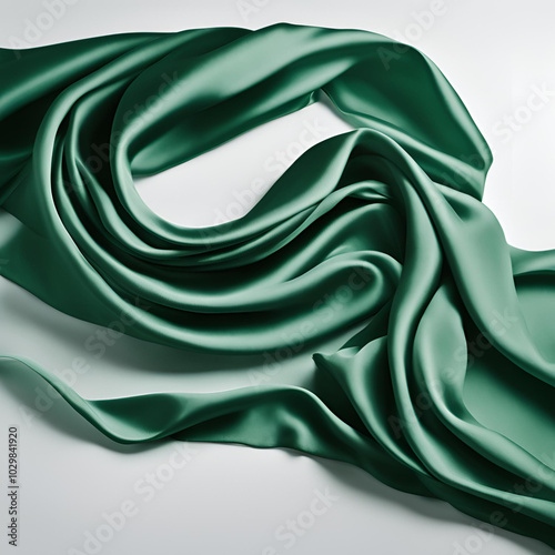 Elegant green satin fabric draped in smooth, flowing curves, creating a luxurious and soft texture against a neutral background.