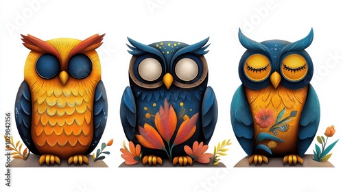 A vibrant trio of colorful owls, each with unique patterns and floral designs, perfect for nature-themed projects. photo