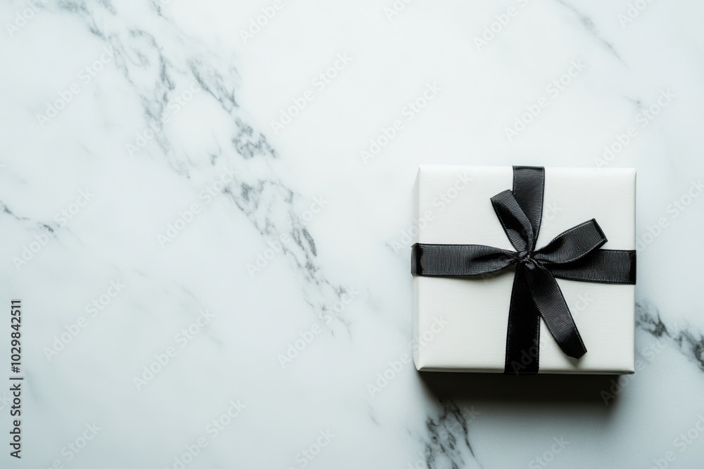 a minimalist white gift box with a simple black ribbon, set on a clean marble surface a minimalist white gift box with a simple black ribbon, set on a clean marble surface