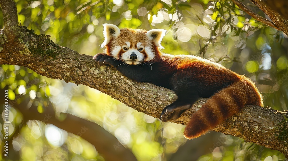 Fototapeta premium Serene Red Panda Resting on Tree Branch