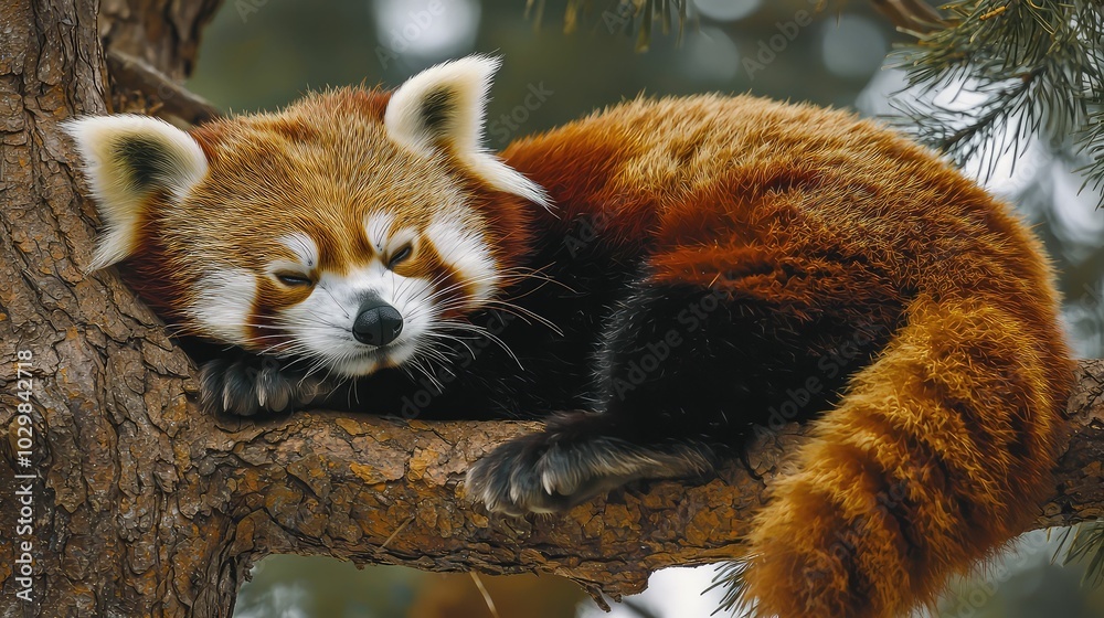 Fototapeta premium Serene Red Panda Resting on a Tree Branch