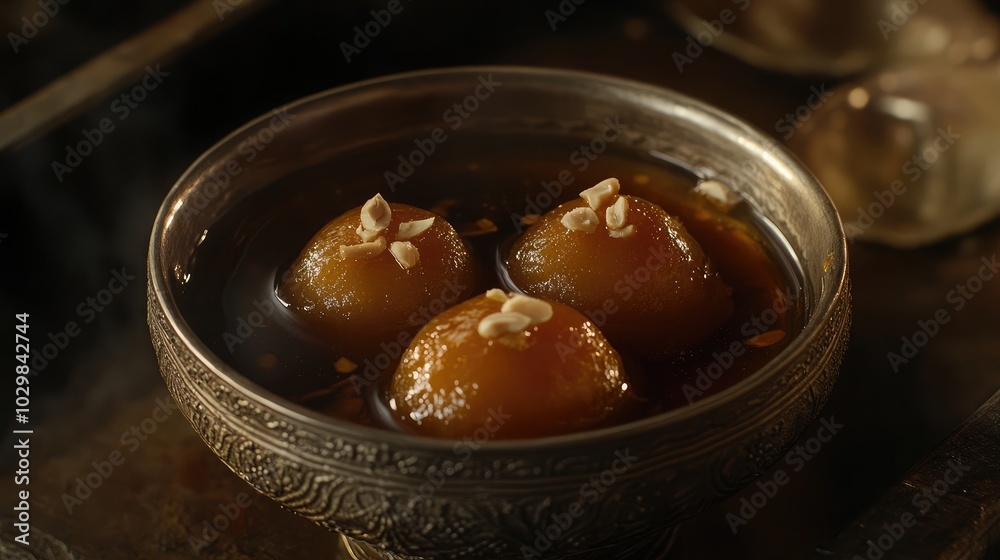 Sweet and Rich Gulab Jamun in Syrup Bowl Sweet and Rich Gulab Jamun in Syrup Bowl