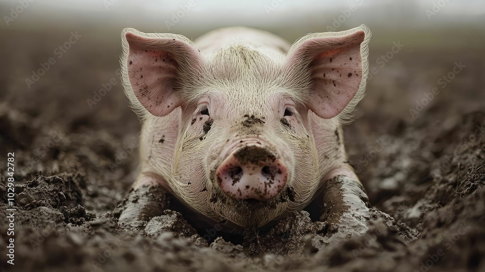 Happy Pig Rooting in Serene Muddy View