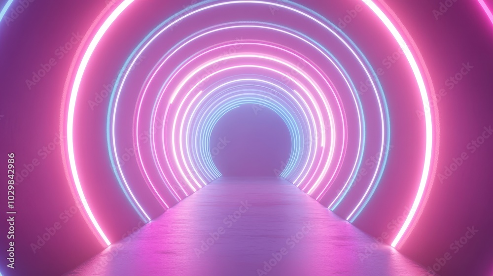 A neon pink tunnel with neon blue and purple lights. The tunnel is long and narrow A neon pink tunnel with neon blue and purple lights. The tunnel is long and narrow