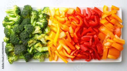 Colorful arrangement of fresh vegetables including broccoli and bell peppers in vibrant colors. This healthy display is perfect for salads or stir fries, showcasing variety of textures and flavors