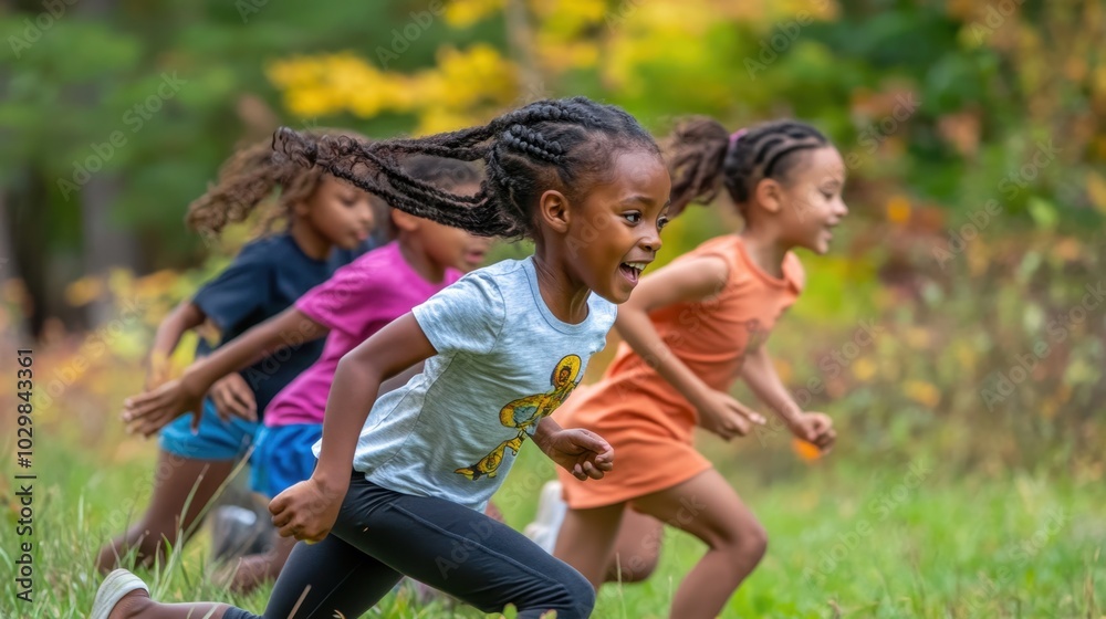 Fototapeta premium Joyful African Girl Playing Tag Outdoors in Nature