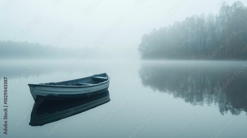 Serene View of a Small Boat on Calm Lake Serene View of a Small Boat on Calm Lake