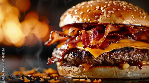 Chargrilled burger with crispy bacon and cheddar cheese, smoky setting, 3D illustration photo