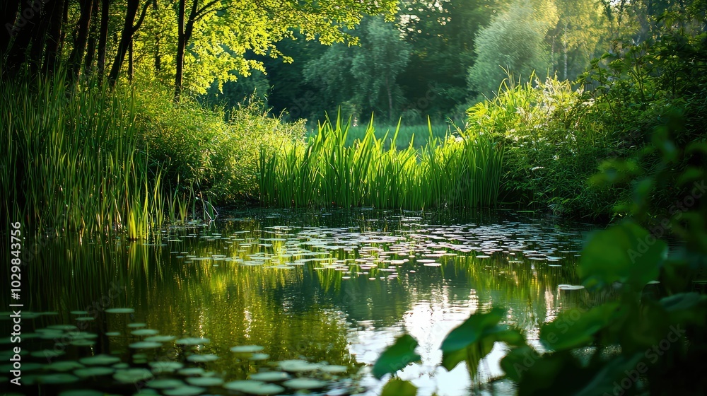 Serene View of Still Pond Surrounded by Lush Vegetation Serene View of Still Pond Surrounded by Lush Vegetation