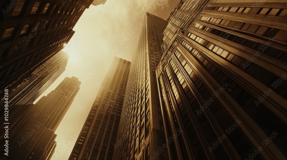 A low angle view of tall skyscrapers in a city. A low angle view of tall skyscrapers in a city.