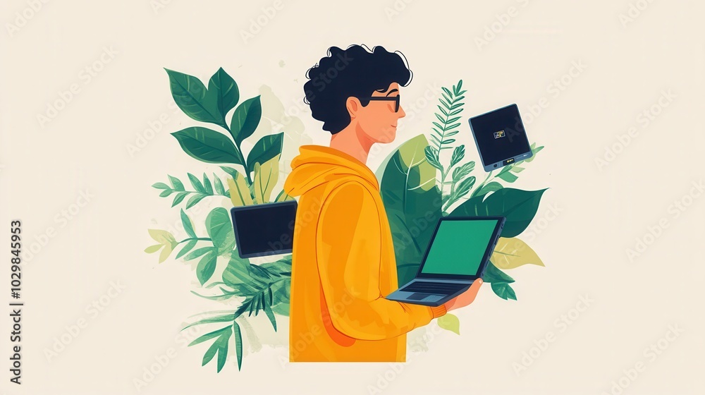Profile View of Man with Laptop and Plants Profile View of Man with Laptop and Plants