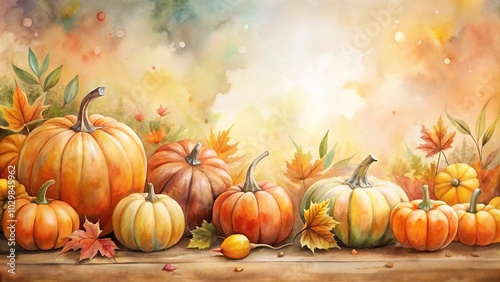 Watercolor autumn background with pumpkins