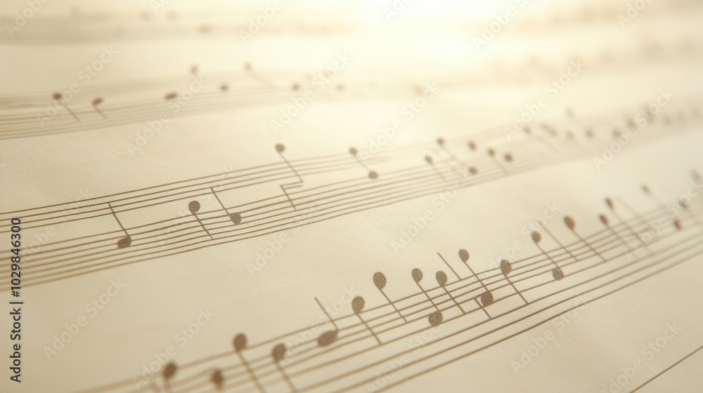 Fototapeta premium A sheet of music with many notes and a few dots. The sheet of music is on a white background