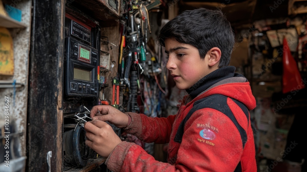 Teenager Repairing a Broken Appliance in Workshop Teenager Repairing a Broken Appliance in Workshop