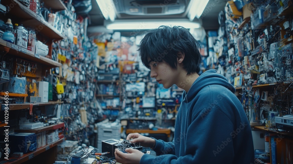 Obraz premium Teenager Fixing Electronics in Workshop Setting
