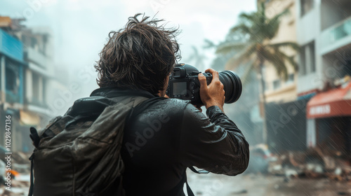 photographer captures aftermath of disaster, showcasing resilience amidst destruction. scene is filled with debris and rain, highlighting urgency of documenting moment