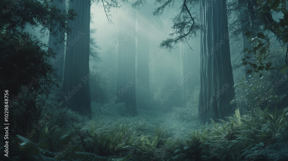 Fototapeta premium A dense redwood forest shrouded in mist, with towering ancient trees disappearing into the fog above. v3