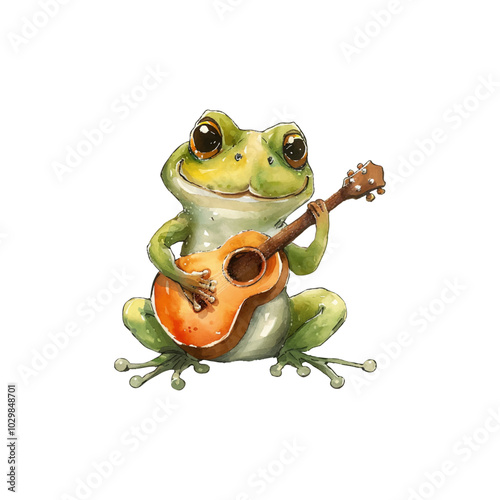 cute frog playing guitar vector illustration in watercolor style