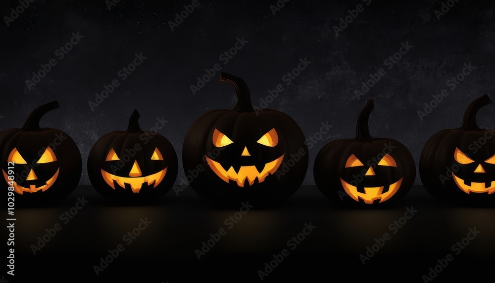 Row of glowing jack-o'-lanterns, set against a dark background perfect for a spooky Halloween atmosphere Row of glowing jack-o'-lanterns, set against a dark background perfect for a spooky Halloween atmosphere