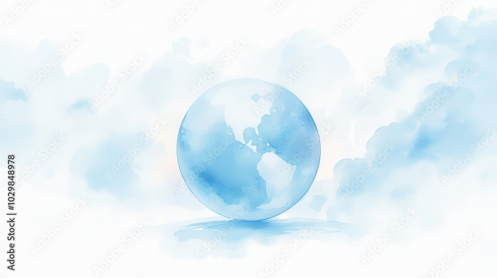 A blue and white painting of a globe with clouds in the background. The globe is surrounded by water and the clouds are scattered throughout the sky. The painting conveys a sense of calm and serenity A blue and white painting of a globe with clouds in the background. The globe is surrounded by water and the clouds are scattered throughout the sky. The painting conveys a sense of calm and serenity