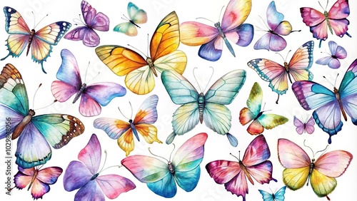 Watercolor butterflies isolated on white background from high angle